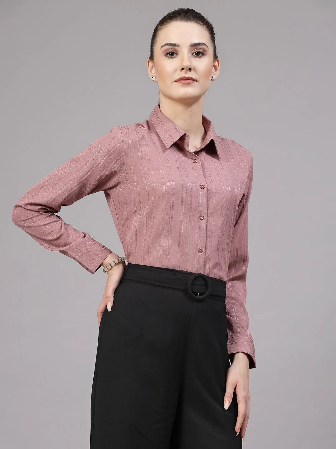 Style Quotient Women Lilac Self Design Polyester Formal Shirt