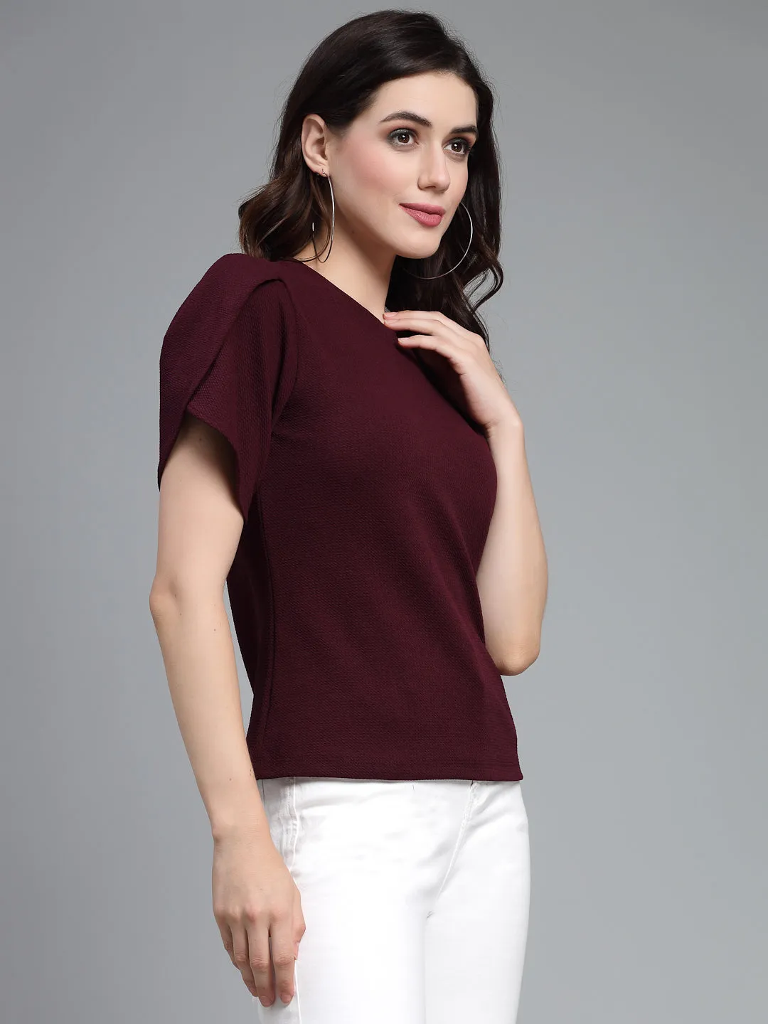 Style Quotient Women Maroon Poly Knit Smart Casual  Top