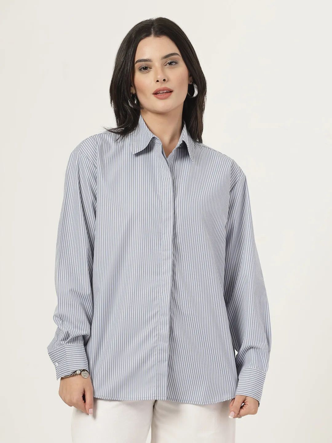 Style Quotient Women Stripe Grey And White Polycotton Oversize Shirt