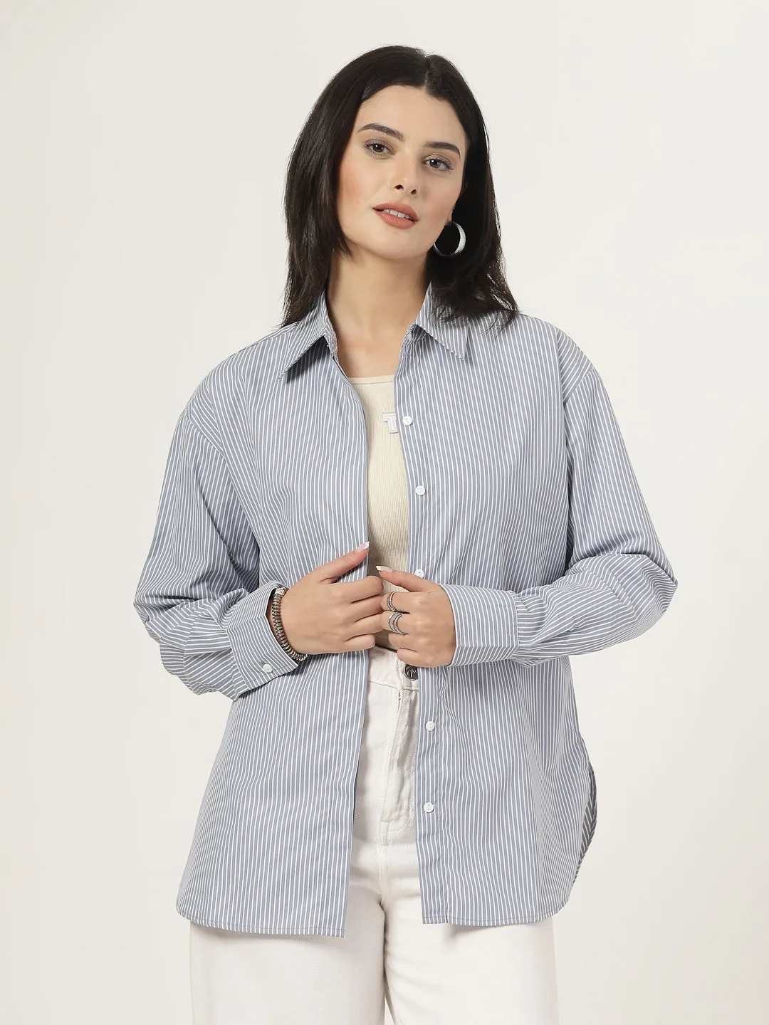 Style Quotient Women Stripe Grey And White Polycotton Oversize Shirt