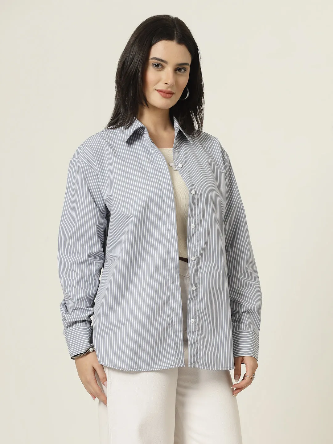 Style Quotient Women Stripe Grey And White Polycotton Oversize Shirt