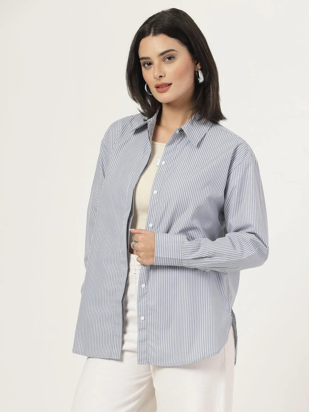 Style Quotient Women Stripe Grey And White Polycotton Oversize Shirt