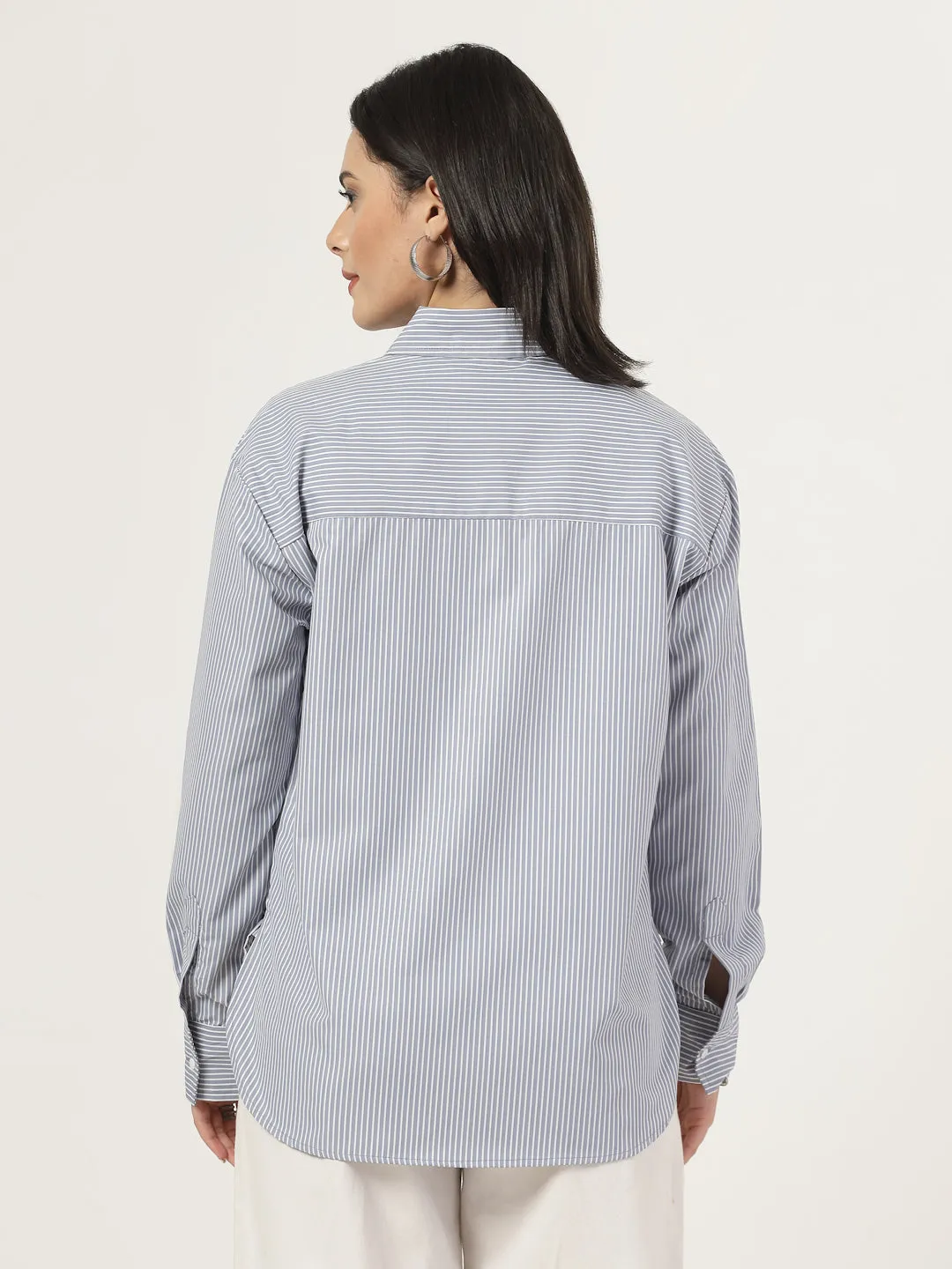 Style Quotient Women Stripe Grey And White Polycotton Oversize Shirt