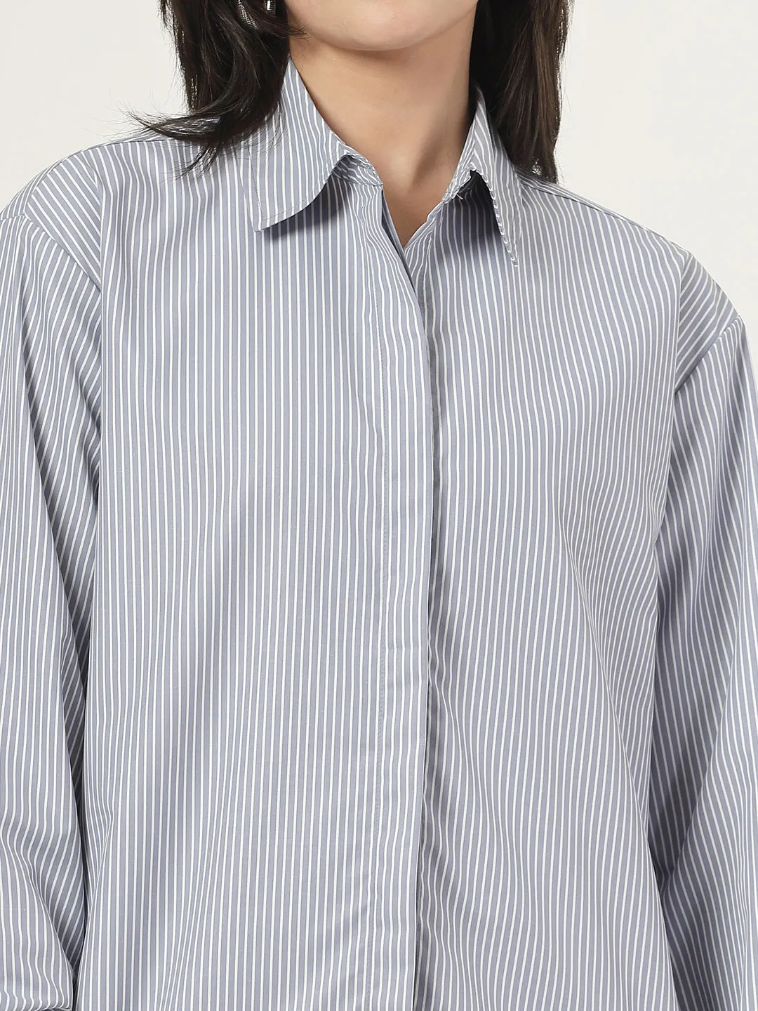 Style Quotient Women Stripe Grey And White Polycotton Oversize Shirt