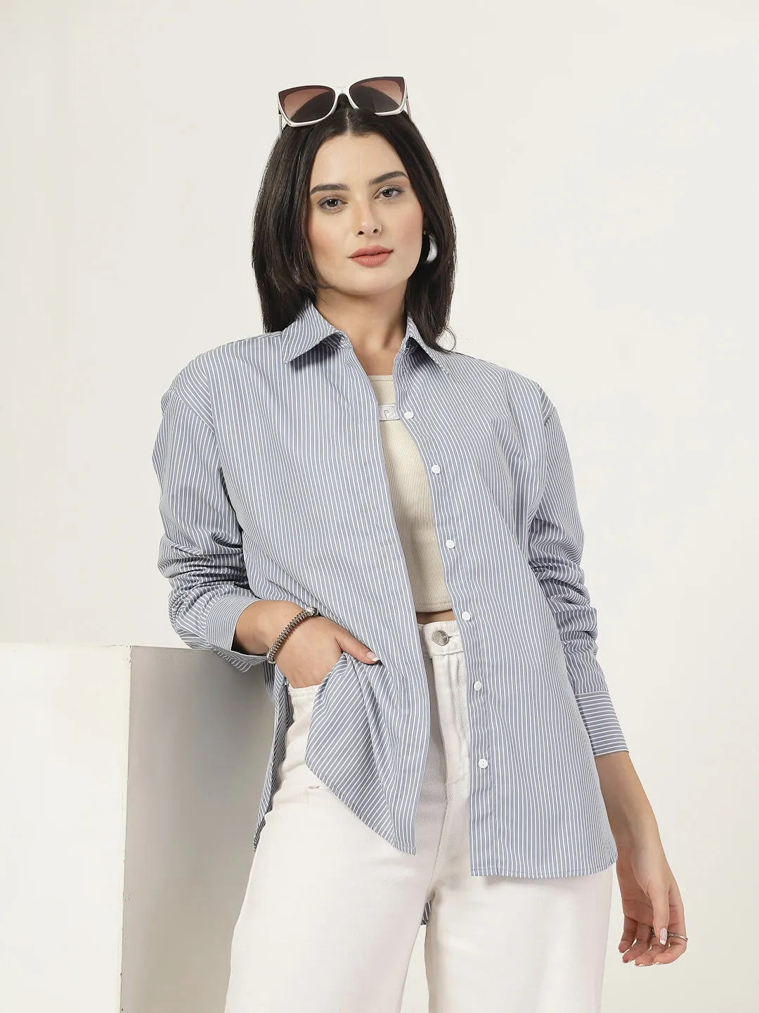 Style Quotient Women Stripe Grey And White Polycotton Oversize Shirt