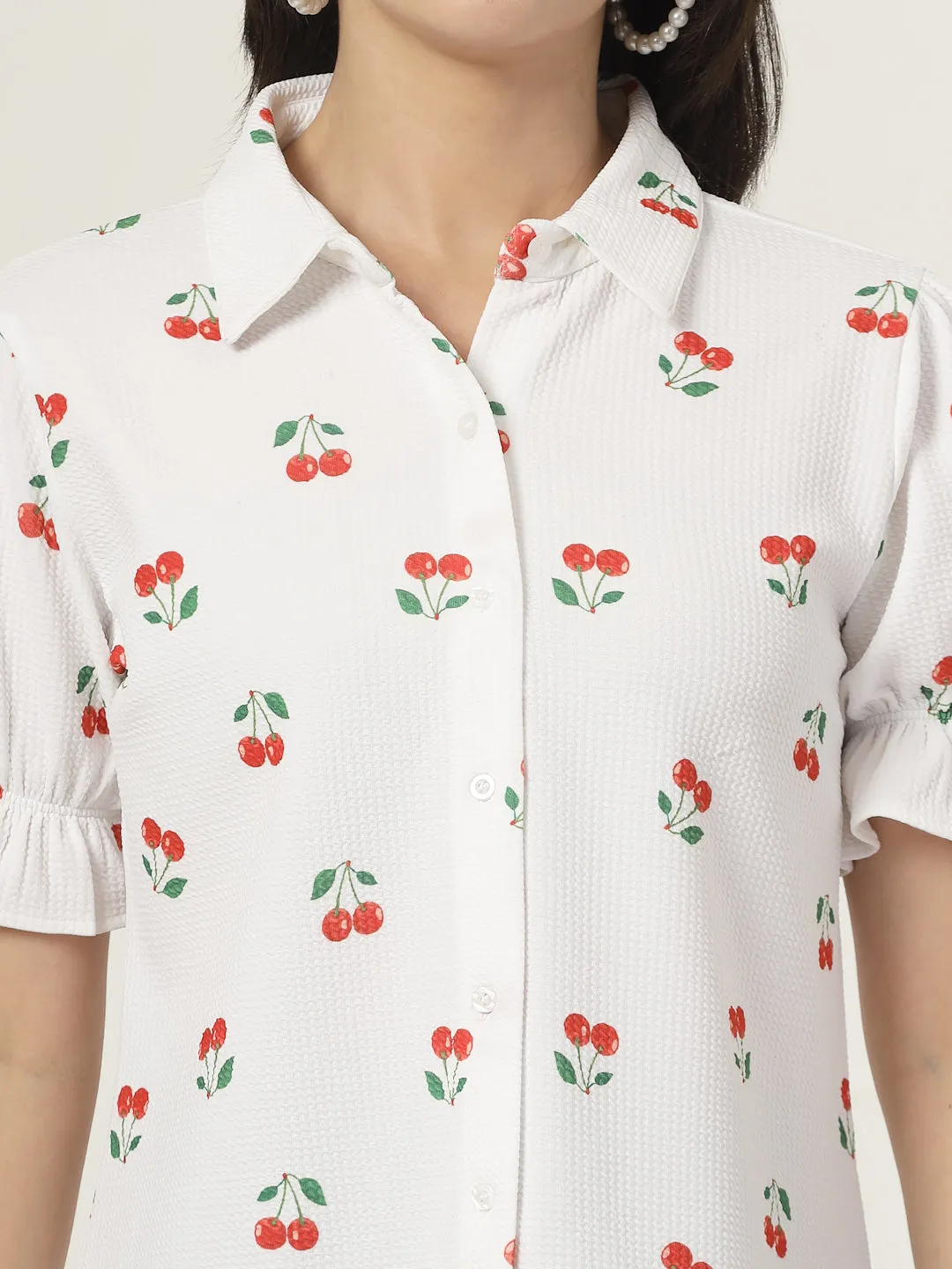 Style Quotient Women Texture White And Red Cherry Print Polyknit Shirt