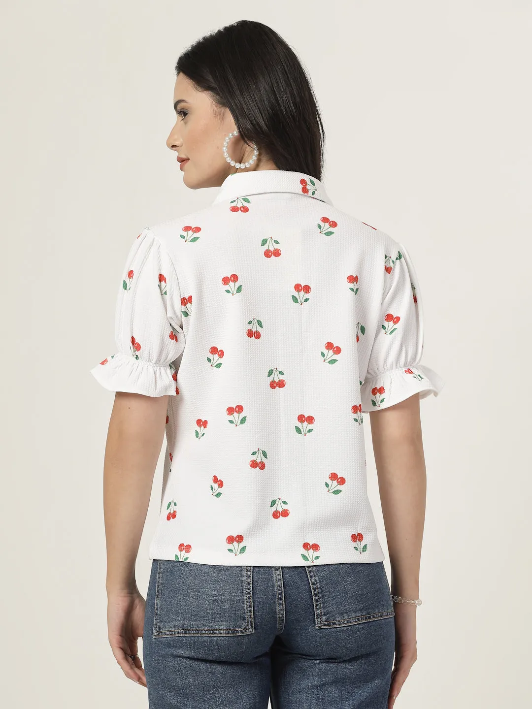 Style Quotient Women Texture White And Red Cherry Print Polyknit Shirt