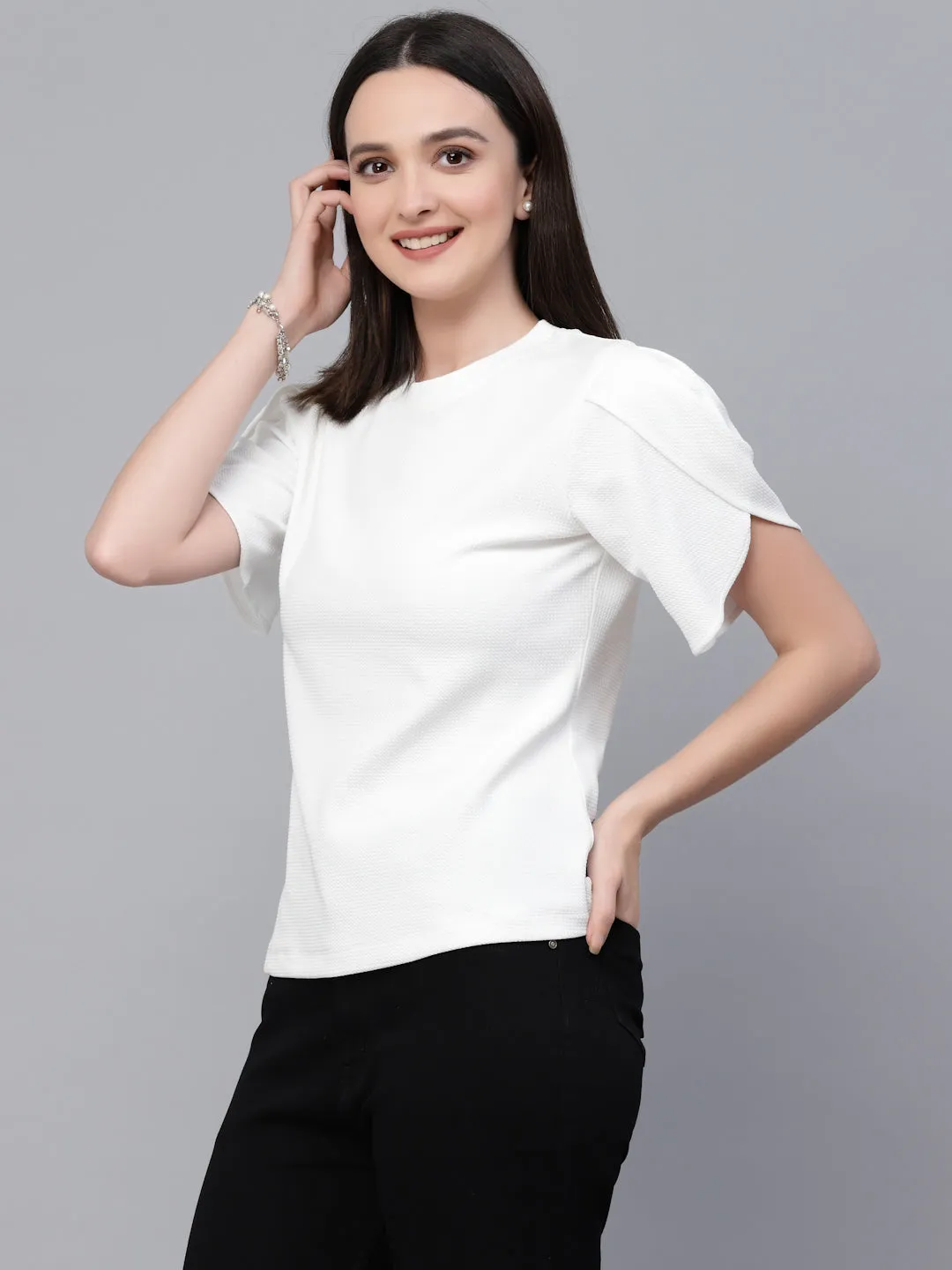 Style Quotient Women White Poly Knit Smart Casual  Top