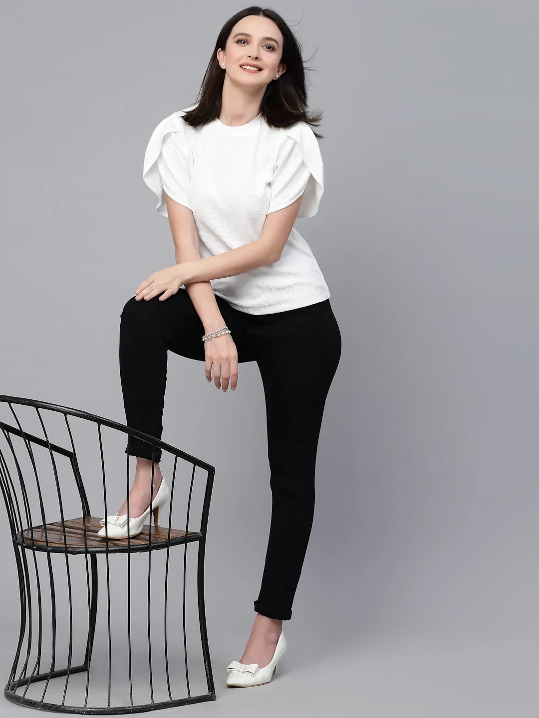 Style Quotient Women White Poly Knit Smart Casual  Top