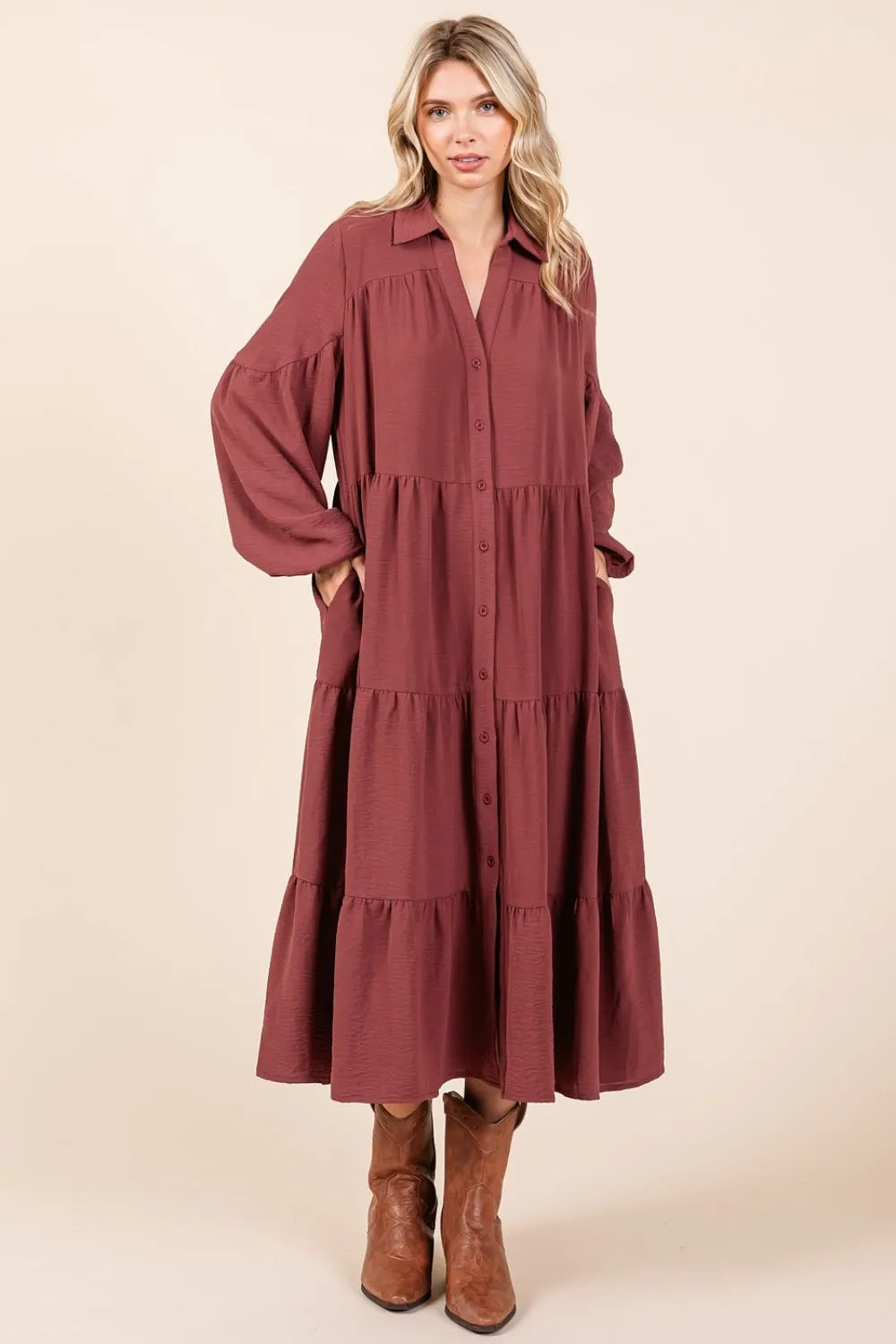 Tiered Button Down Long Sleeve Midi Dress