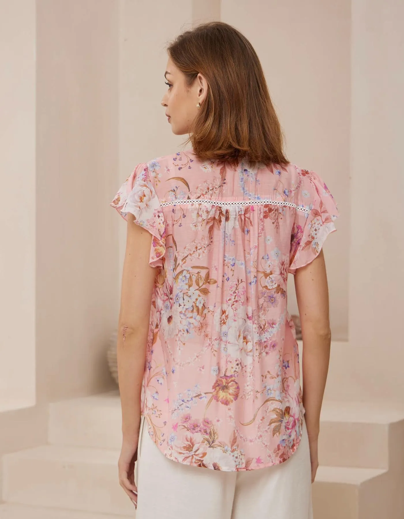 Tilda Flutter Sleeve V Neck Top in Pink Floral