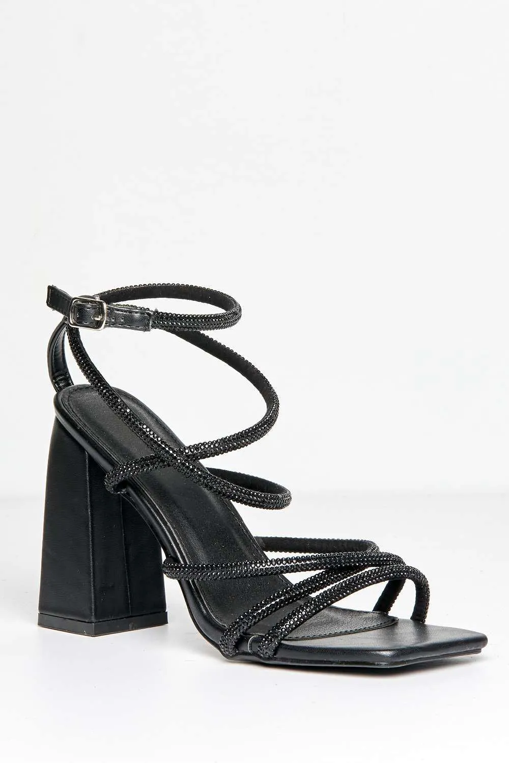 Uiva Strappy Square Toe Block Heel Sandals in Black