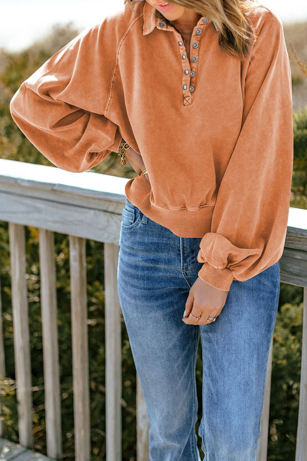 Washed Lantern Sleeve Pullover Sweatshirt