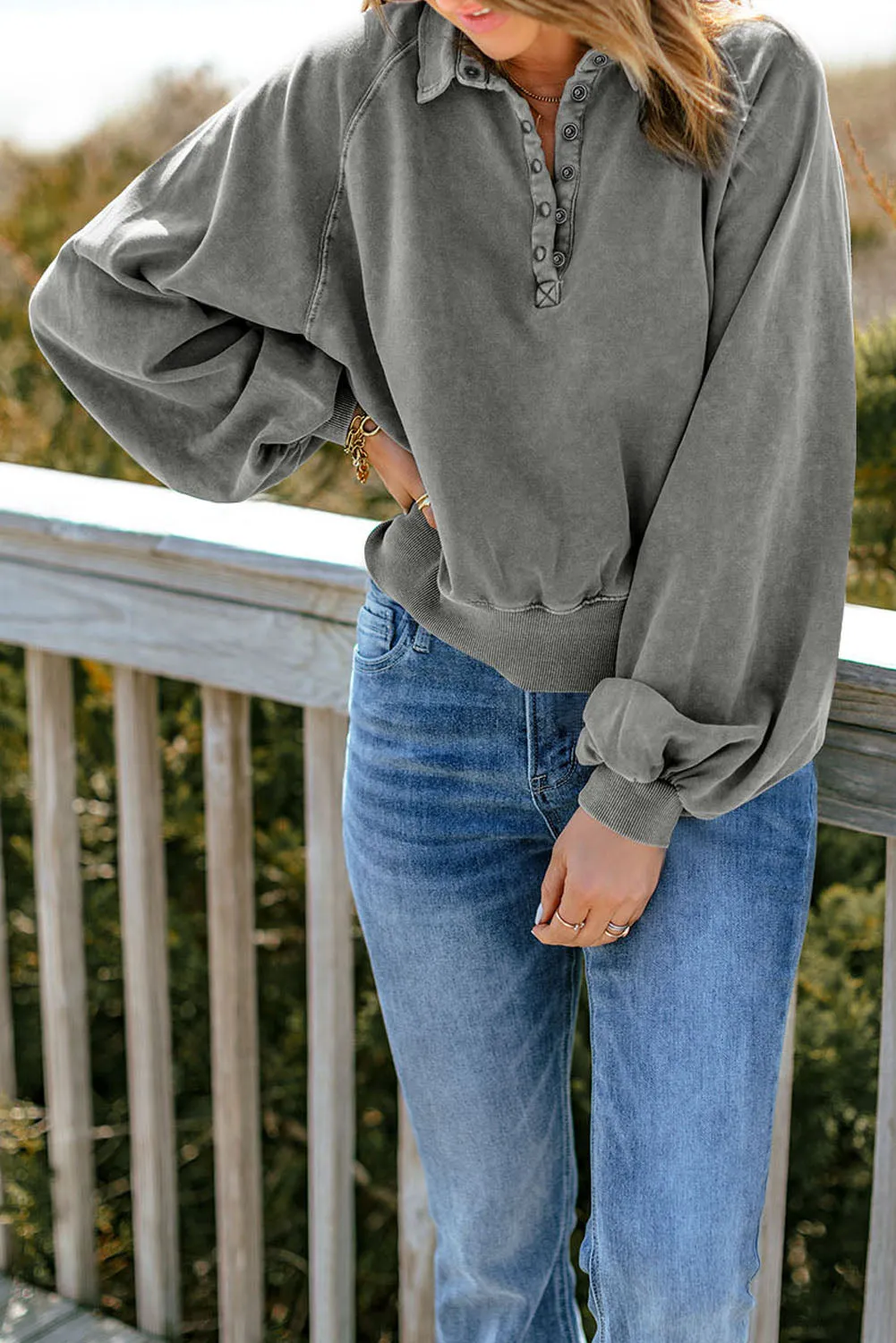 Washed Lantern Sleeve Pullover Sweatshirt