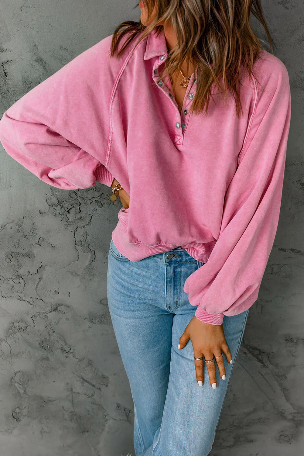 Washed Lantern Sleeve Pullover Sweatshirt