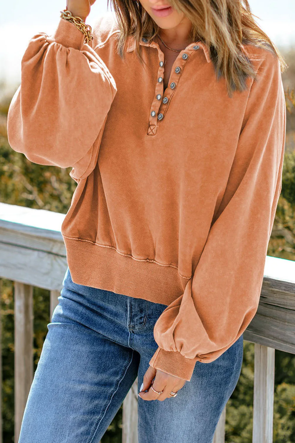 Washed Lantern Sleeve Pullover Sweatshirt