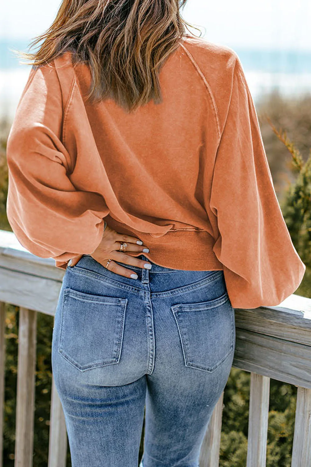 Washed Lantern Sleeve Pullover Sweatshirt