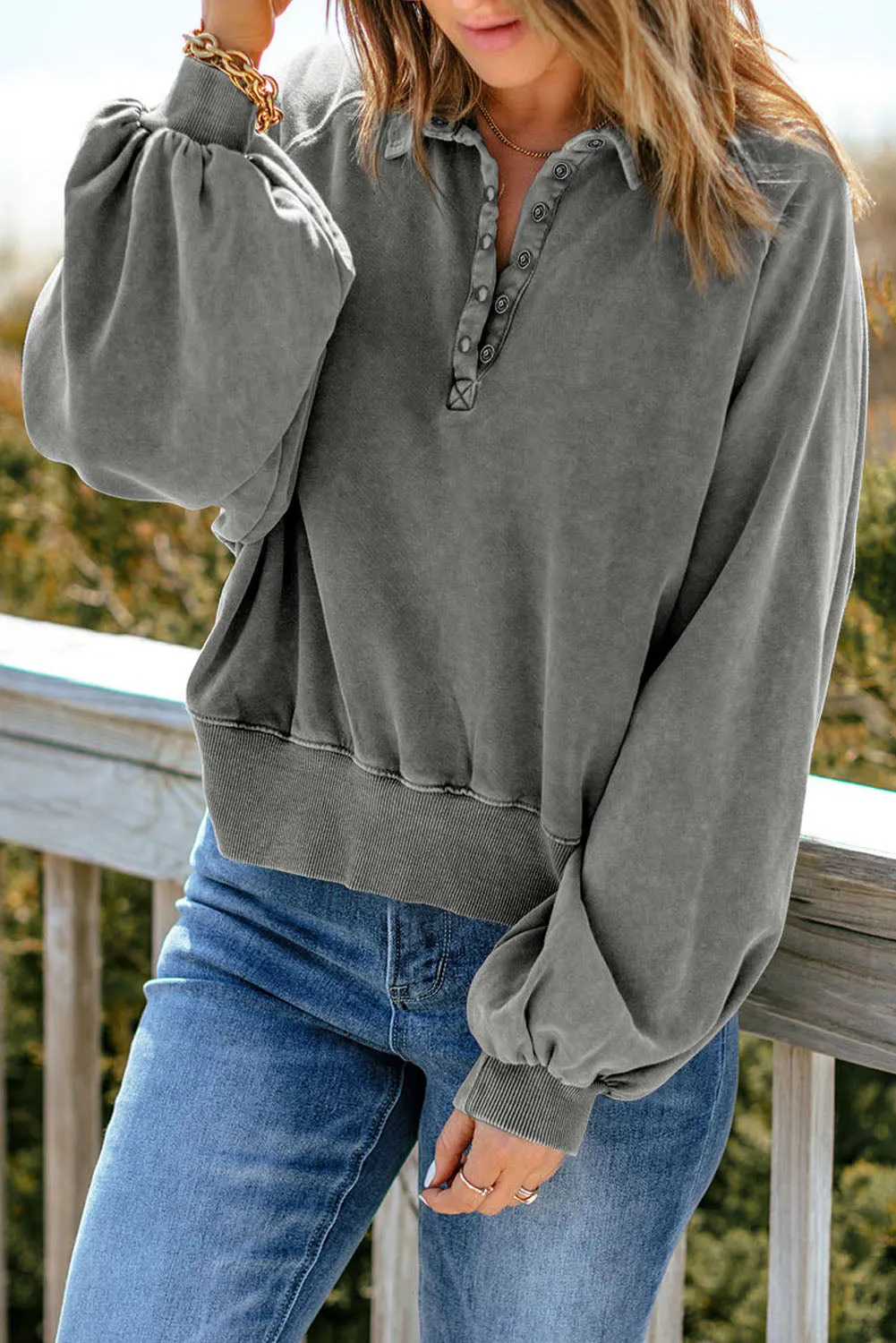 Washed Lantern Sleeve Pullover Sweatshirt