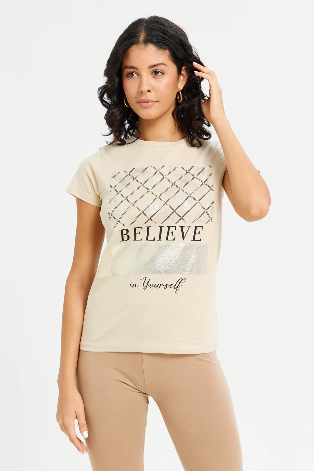 Women Beige Believe Embellished T-Shirt