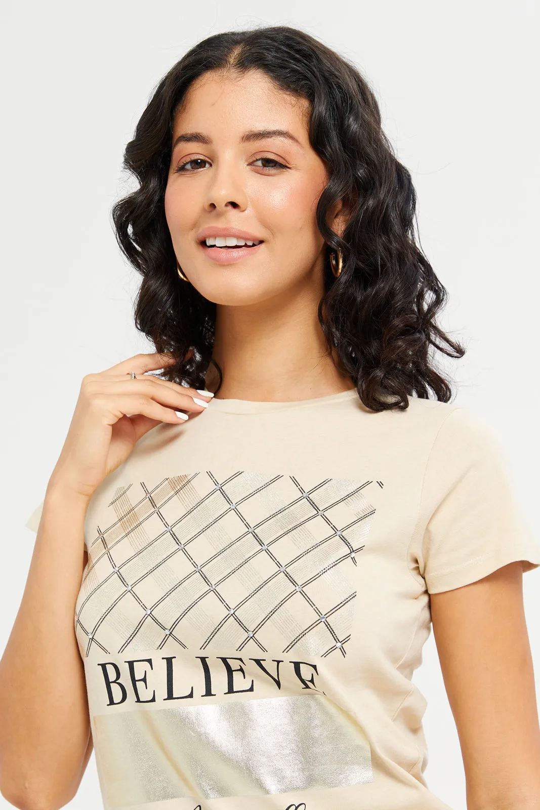 Women Beige Believe Embellished T-Shirt