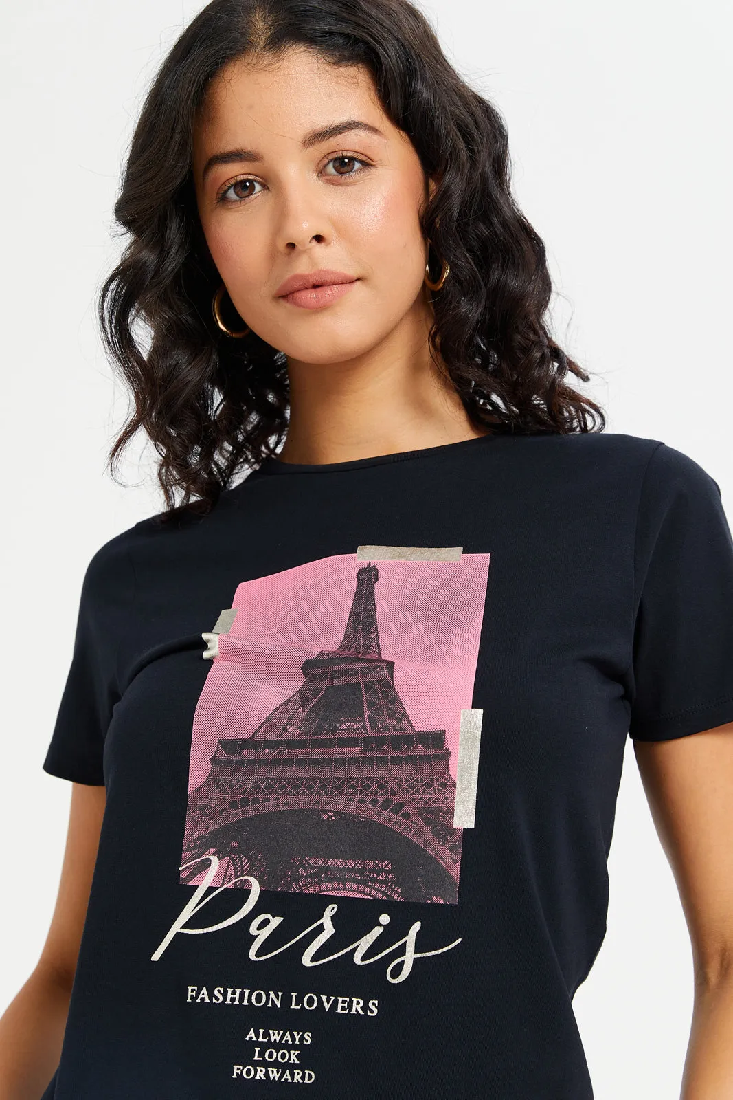 Women Black Paris Embellished T-Shirt