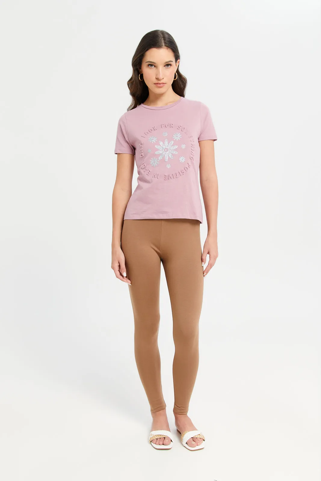 Women Mauve Positive Embossed T-Shirt