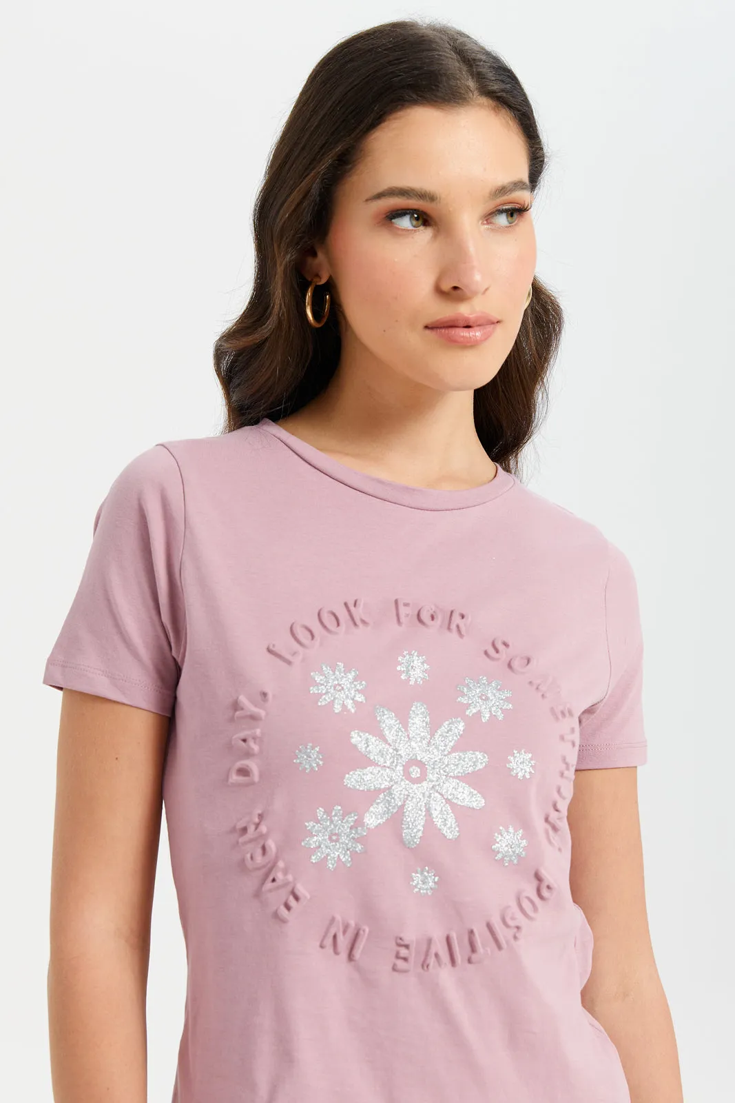 Women Mauve Positive Embossed T-Shirt