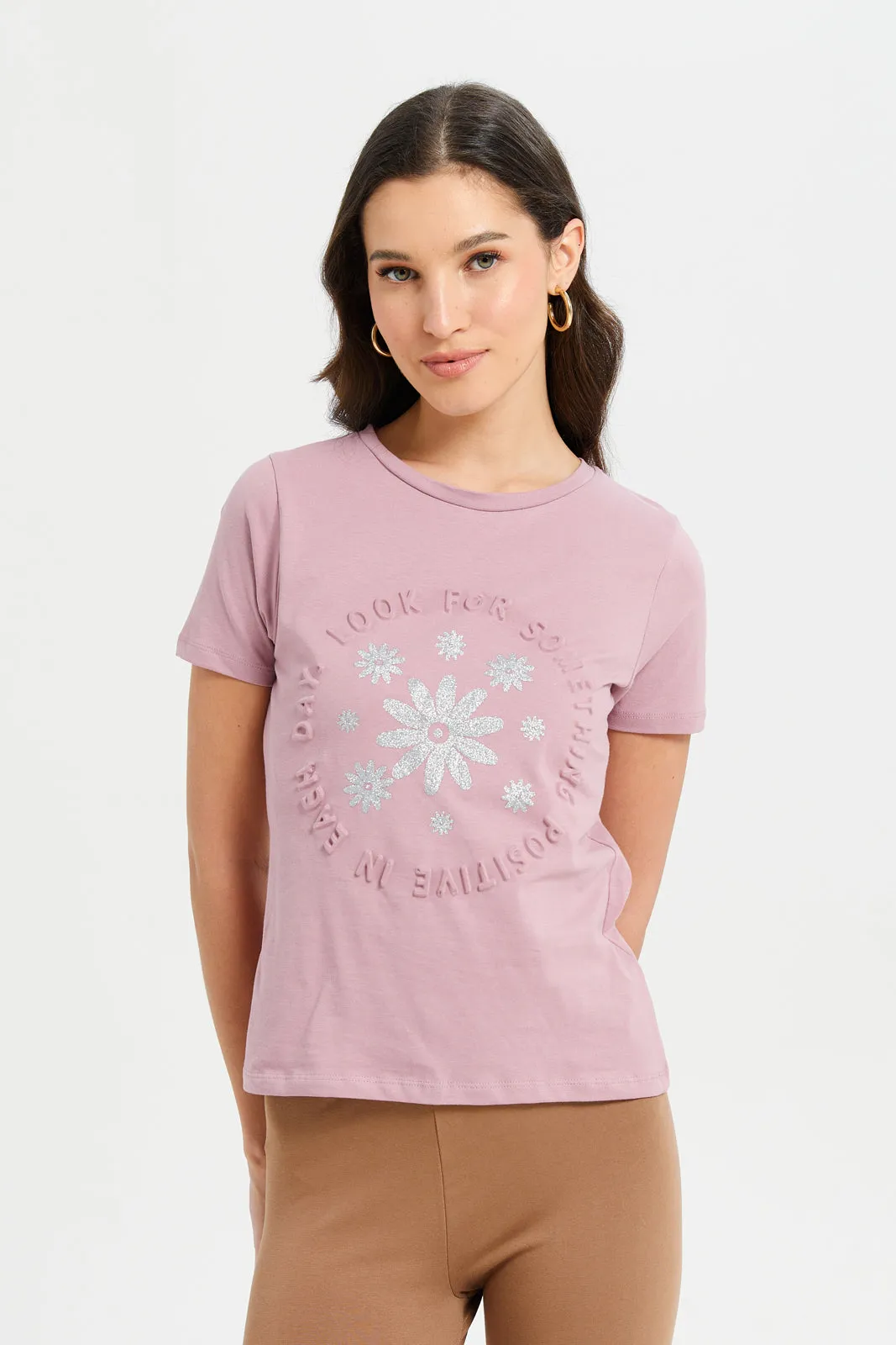 Women Mauve Positive Embossed T-Shirt