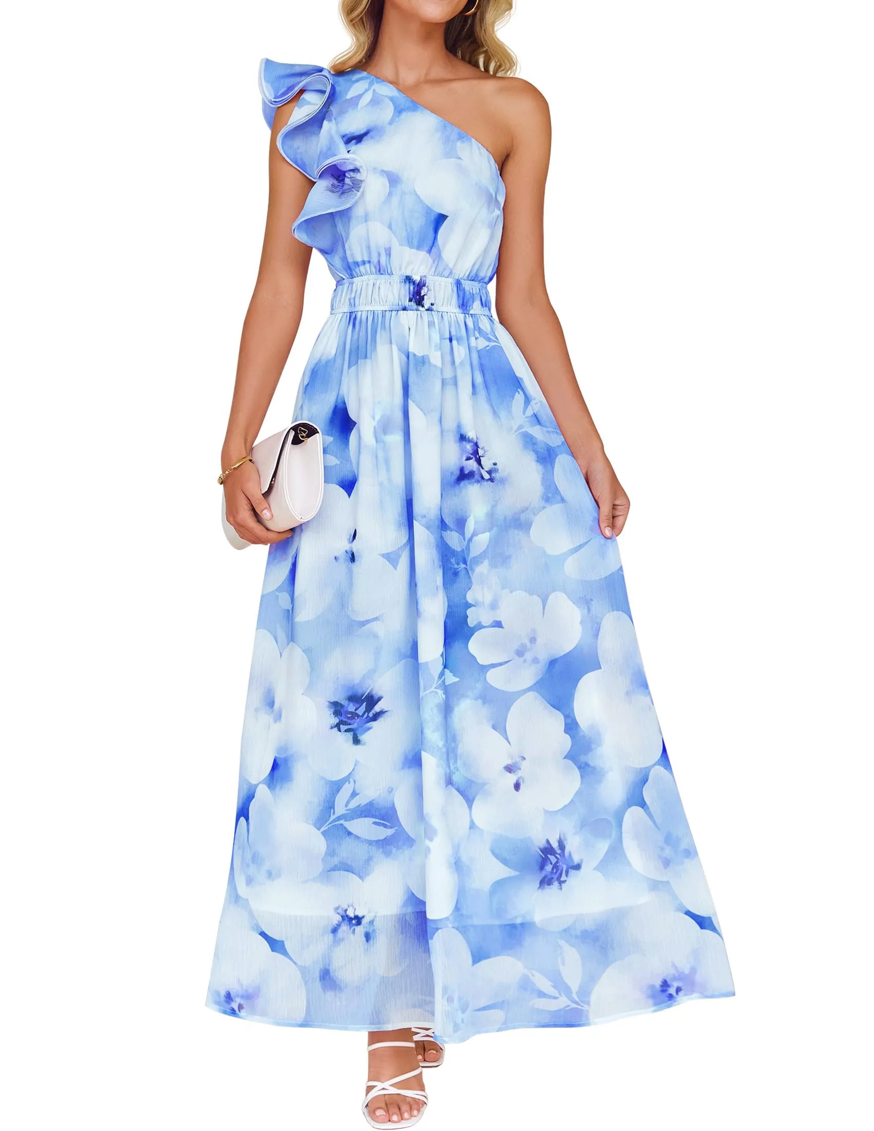 ZESICA Boho Floral Sleeveless Ruffle One Shoulder Elatsic Dresses